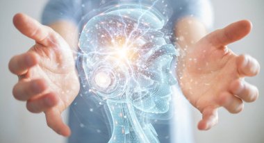 Dijital yapay zeka holografik projeksiyonu kullanan adam