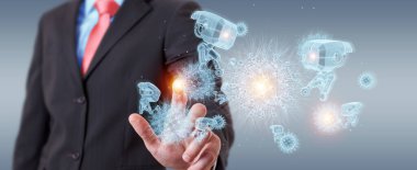 V ile nanorobot holografik projeksiyonu tutan ve dokunan adam