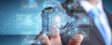 İşadamı, kablolu holografik dijital p 'yi tutuyor ve dokunuyor.