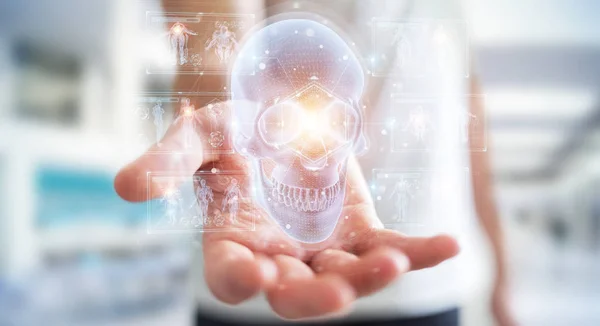 Man using digital x-ray skull holographic scan projection 3D ren