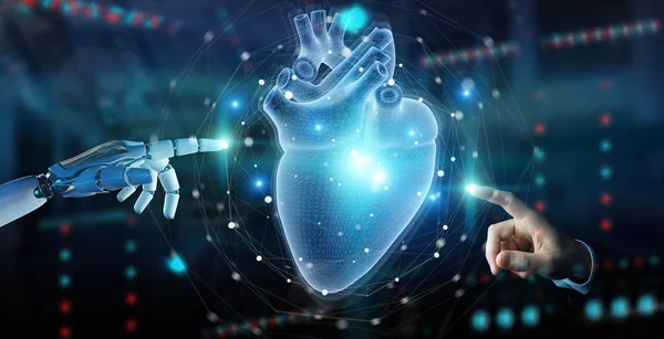Robot hand using digital x-ray of human heart holographic scan p — Stockfoto