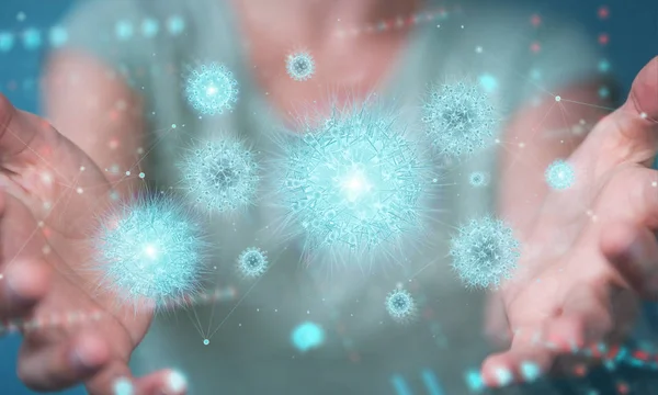 Wanita menganalisa bakteri dengan clo proyeksi holografik digital — Stok Foto