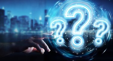 Dijital soru kullanan insan eli holografik arayüzü 3d olarak işaretler