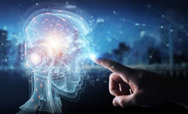 Dijital yapay zeka holografik projesini kullanan insan eli