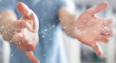 Nokta ile yüzen dijital ağ bağlantılarını kullanan işadamı