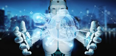 Robot elinde holografik uzay gemisi projeksiyonu tutuyor.