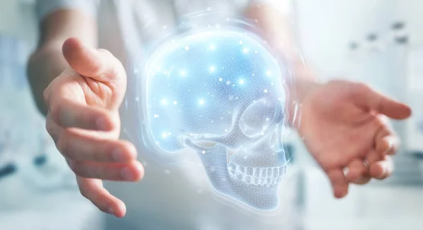 Man using digital x-ray skull holographic scan projection 3D ren — 스톡 사진