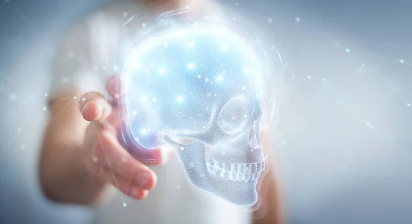 Man using digital x-ray skull holographic scan projection 3D ren — 스톡 사진