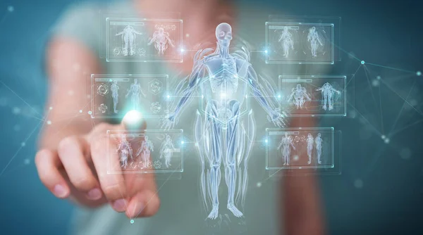 Woman using digital x-ray human body holographic scan projection — 스톡 사진