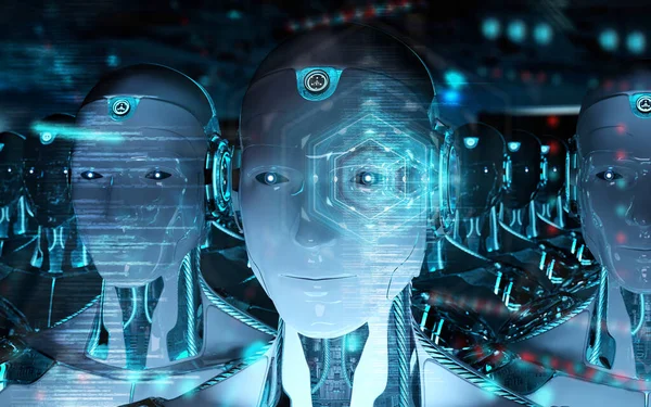 Grupa mężczyzn roboty głowy za pomocą digital hologram ekrany 3d ren — Zdjęcie stockowe