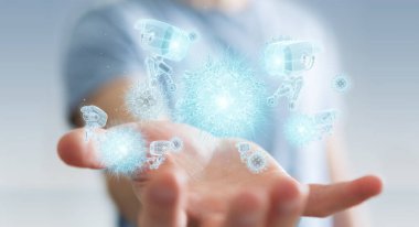 V ile nanorobot holografik projeksiyonu tutan ve dokunan adam