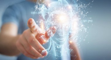 Dijital yapay zeka holografik projeksiyonu kullanan adam