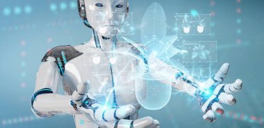 Robot tutuşu ve bir bitkinin holografik yansımasına dokunmak