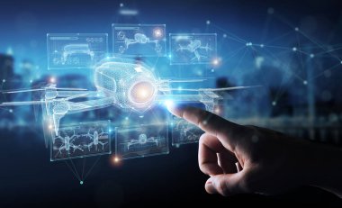 İş adamı holografik dron projeksiyonunu tutuyor ve dokunuyor