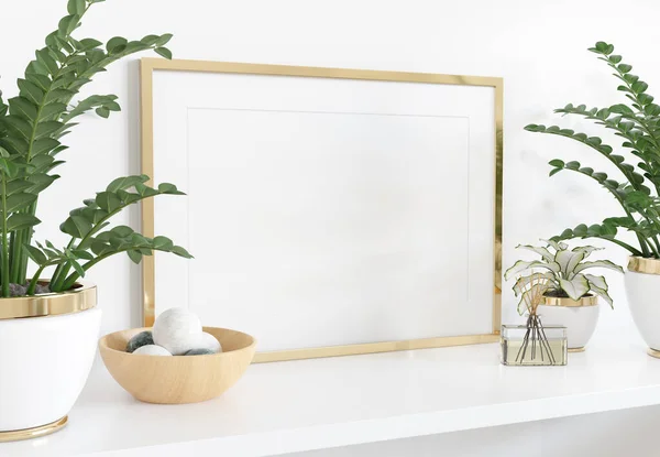 Moldura dourada apoiada em prateleiras brancas no interior com plantas e — Fotografia de Stock