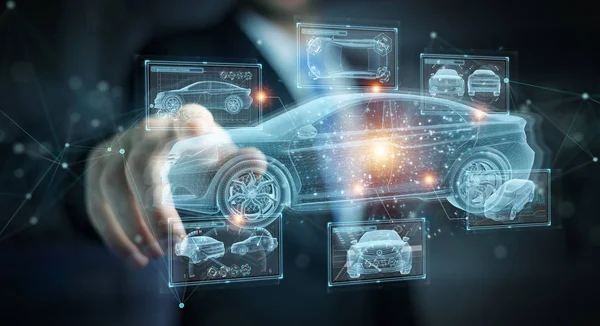 Mężczyzna trzyma i dotyka holograficzny projekt interfejsu inteligentnego samochodu — Zdjęcie stockowe