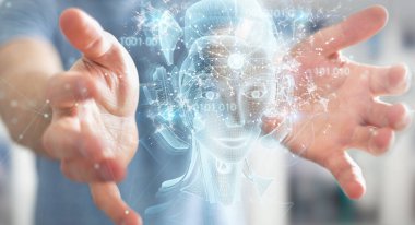 Bulanık arkaplanda dijital yapay zeka holografik projeksiyon 3D görüntüleme kullanan bir adam.