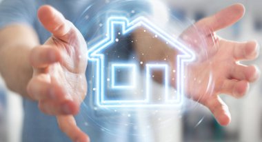 Gayri menkul dijital neon arayüzü kullanan bulanık arkaplan sahibi adam 3D görüntüleme