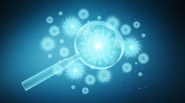 Mavi arkaplandaki büyüteç üzerinden dijital holografik hücre yansıması