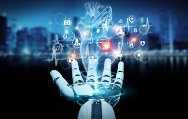 Robot el, insan kalbi holografik tarama projeksiyonunun dijital röntgenini kullanarak karanlık arkaplanda 3D görüntüleme yapıyor.