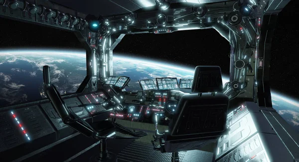 Nave Espacial Grunge Sala Control Interior Con Asientos Vista Espacio — Foto de Stock