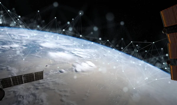 Satelliten Senden Datenaustausch Und Futuristische Verbindungen System Über Den Globus — Stockfoto