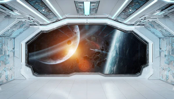 Branco Azul Nave Espacial Futurista Interior Com Vista Para Janela — Fotografia de Stock