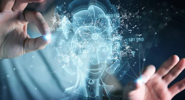 Mann Auf Verschwommenem Hintergrund Mit Digitaler Künstlicher Intelligenz Holographische Projektion — Stockfoto