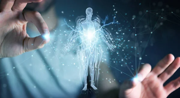 Mann Auf Dunklem Hintergrund Mit Digitalem Röntgenbild Des Menschlichen Körpers — Stockfoto