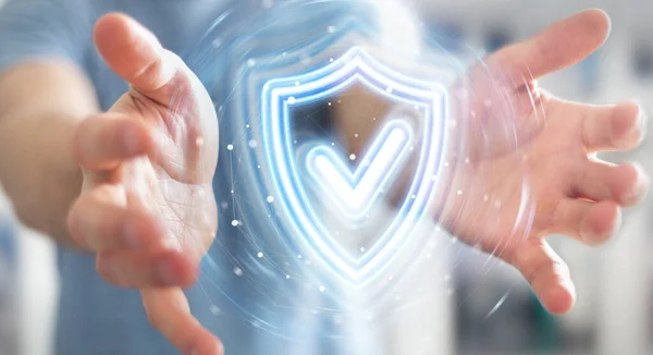 Людина Розмитому Фоні Використанням Цифрового Щита Захист Синій Голографічний Інтерфейс — стокове фото