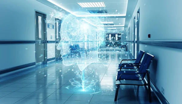 Long Hospital Blue Corridor Digital Xray Brain Floating Dots Connecting — Stok Foto