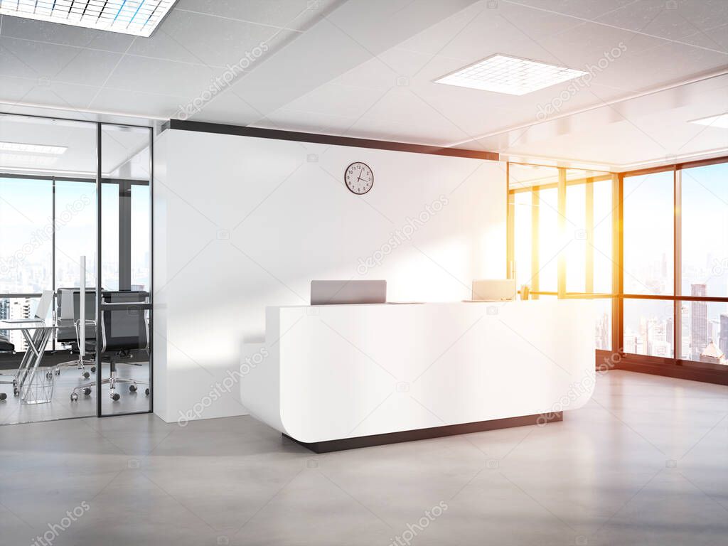 Blank white reception desk in bright concrete office with large windows Mockup 3D rendering