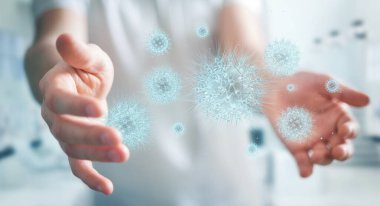 Bulanık arka plandaki adam dijital holografik projeksiyonla bakterileri analiz ediyor.