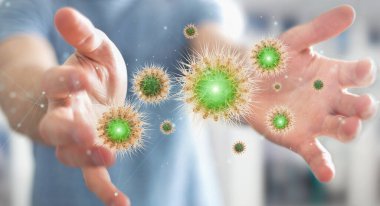 Bulanık arka plandaki adam mikroskobik yakın plan 3D görüntülemedeki bakterileri analiz ediyor.