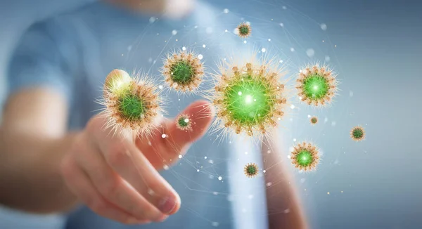 Manusia Pada Latar Belakang Mengabur Menganalisis Bakteri Pada Mikroskopis Close — Stok Foto