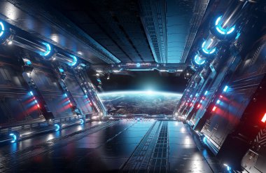 Mavi ve kırmızı fütüristik uzay gemisi. NASA tarafından döşenmiş bu görüntünün 3 boyutlu görüntüsü.
