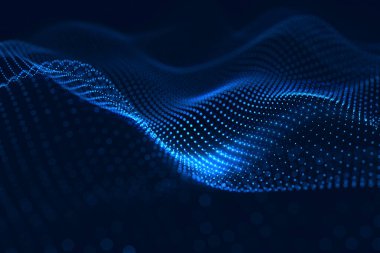 Neon mavisi noktalar koyu arkaplan üzerinde dijital ağ bağlantısı oluşturur.