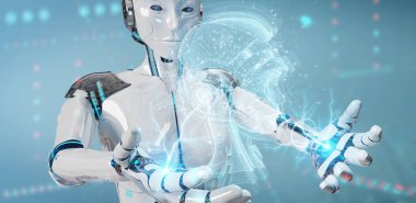 Dijital yapay zeka holografik projeksiyonunu kullanarak bulanık arkaplan üzerindeki Cyborg 3D görüntüleme