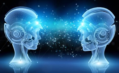 Mavi zemin üzerinde robot kafası olan yapay zeka holografik projeksiyonu