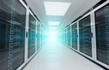 Beyaz sunucular veri merkezi oda parlak Halo ışık koridor 3D Rendering üzerinden gidiyor