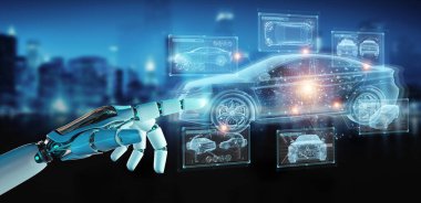 Robot hand on blurred background holding and touching holographic smart car interface projection 3D rendering clipart