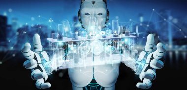 Bulanık arkaplan tutma ve holografik tüplere dokunma projeksiyonundaki robot 3D görüntüleme