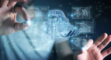 Koyu arka plandaki iş adamı, 3D motorun kablo holografik projeksiyonunu tutuyor ve dokunuyor.