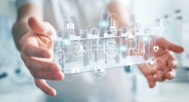 Arka planda bulanık duran ve holografik tüplere dokunan adam 3D yansıtma