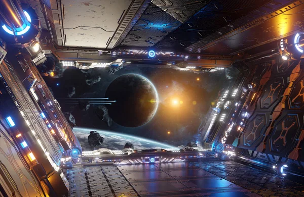 Naranja Azul Futurista Nave Espacial Interior Con Vista Ventana Sistema — Foto de Stock