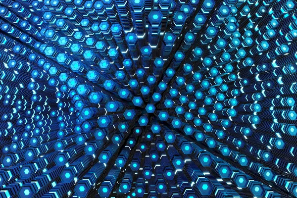 Metálico Preto Azul Brilhante Hexágonos Movendo Pilares Abstrato Fundo Renderização — Fotografia de Stock
