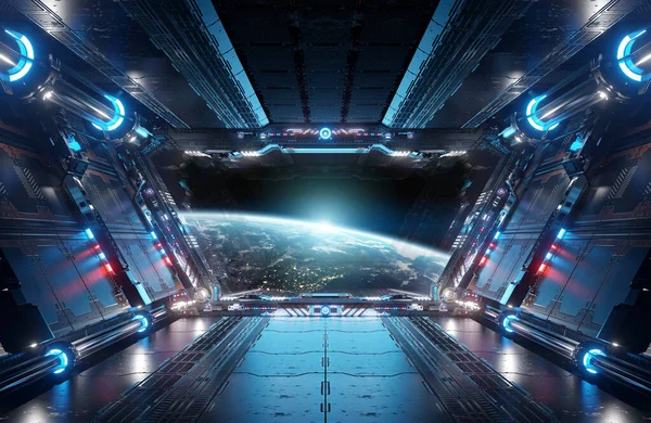 Modrý Červený Futuristický Interiér Kosmické Lodi Výhledem Okna Planetě Zemi — Stock fotografie