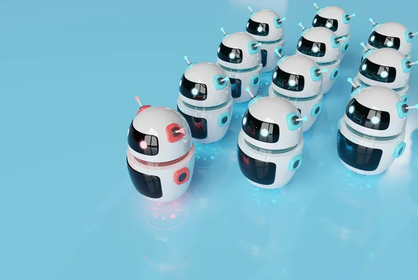 Red robot leading white robots on blue background leadership chatbot concept 3D rendering