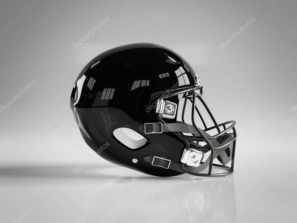 Black American football helmet isolated on white background mockup 3D rendering