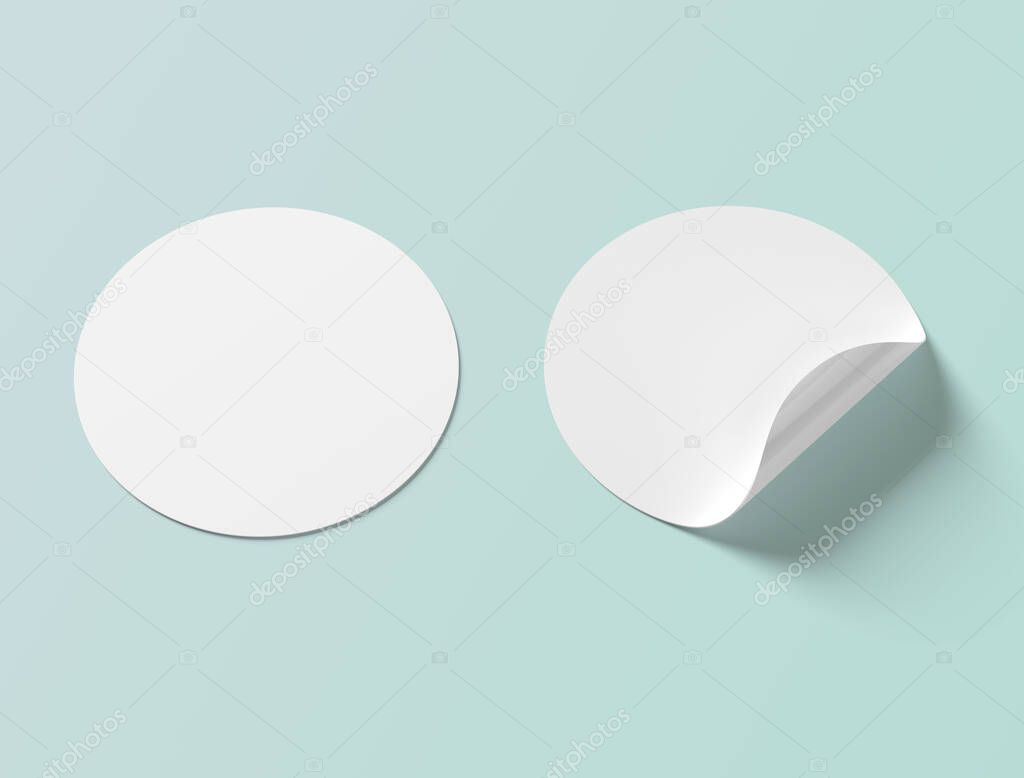 Circular shaped sticker mockup isolated on blue background 3D rendering